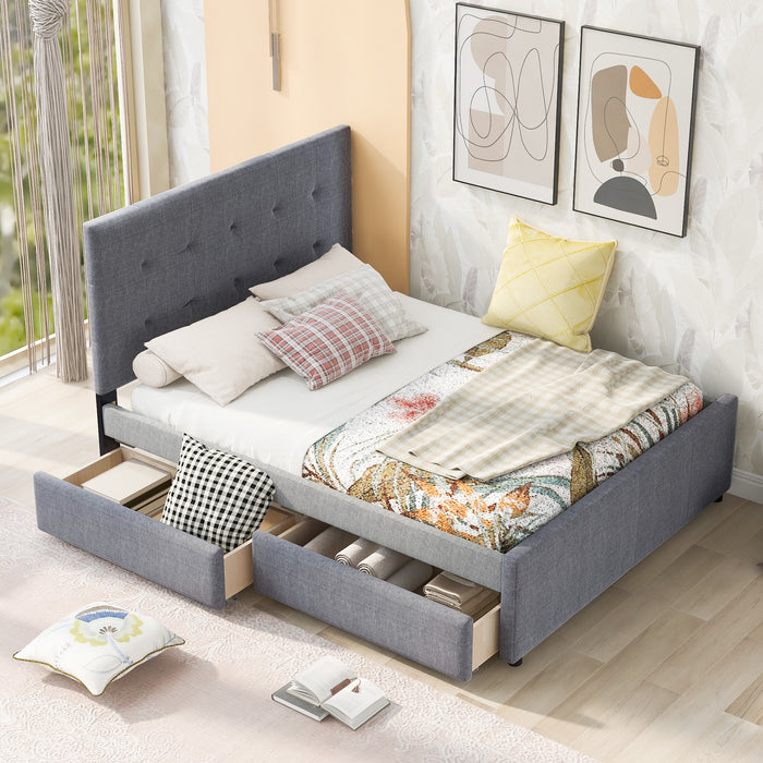 Higgins Queen Size Gray Linen Upholstered Platform Bed With Headboard and Drawers