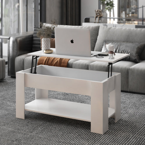 Coffee Table with Hidden Compartment and Storage Shelf, Rising Tabletop for Living Room Reception Room