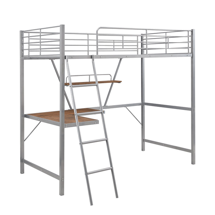 Metal Loft Bed with L-shaped Desk and Shelf, Silver(New)