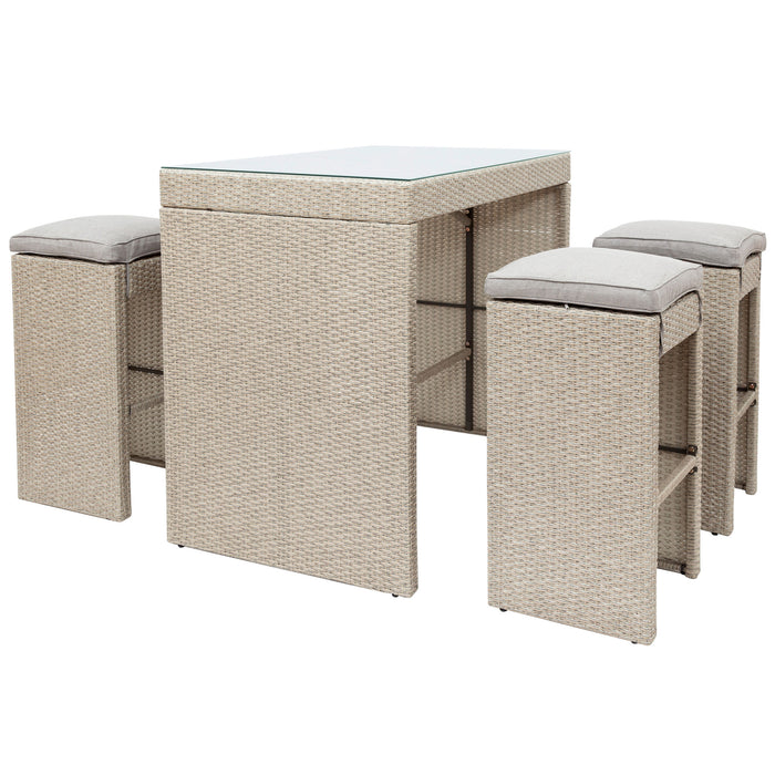 5-piece Rattan Outdoor Patio Furniture Set Bar Set with 4 Stools