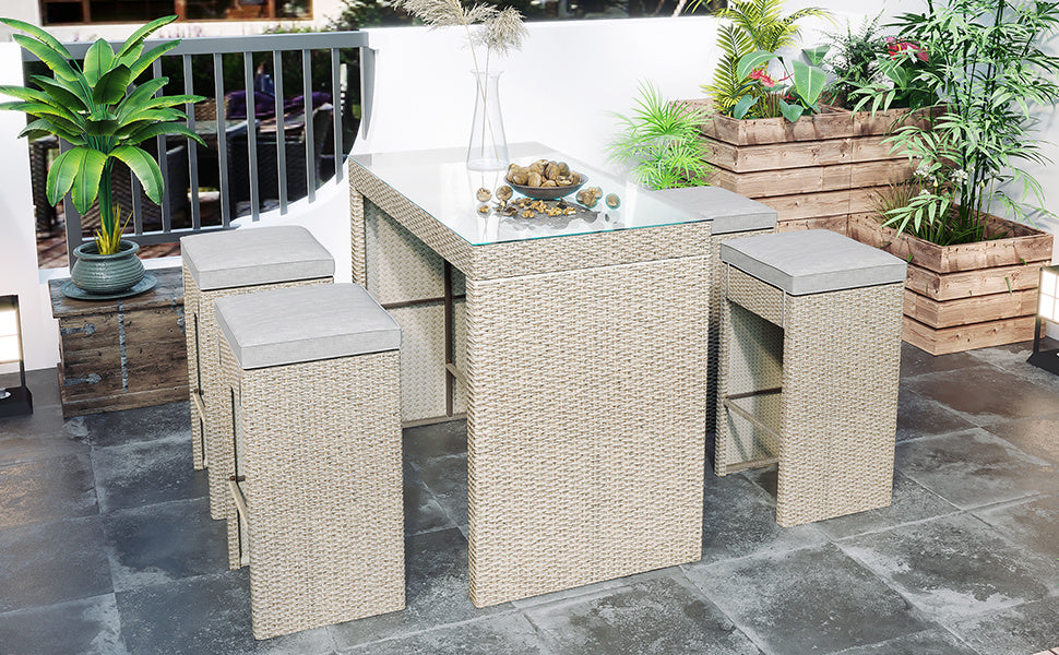 5-piece Rattan Outdoor Patio Furniture Set Bar Set with 4 Stools