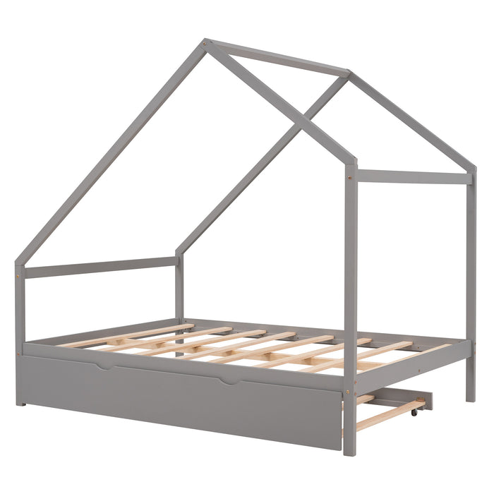 New Space Full Size Wooden House Bed With Twin Size Trundle