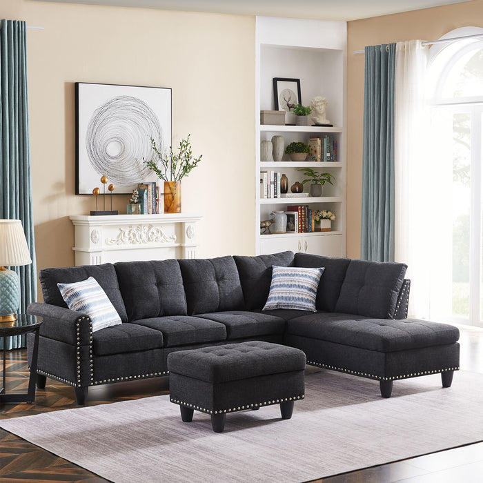 Modern Sectional Sofa Set with Chaise Lounge and Storage Ottoman 6 Seat Corner Sectional Black L Shaped Living Room Couch with Cupholder, Arm with nail, Right chaise
