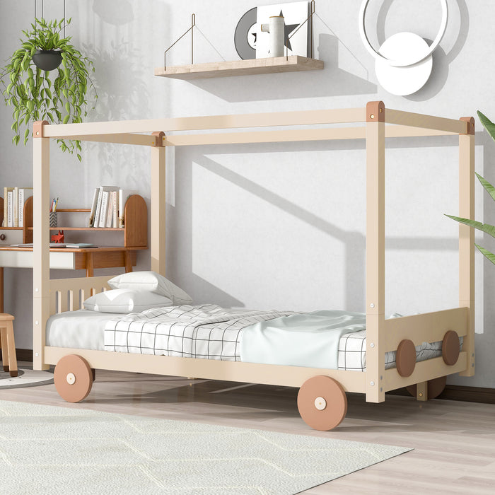 New Space Natural Twin Size Canopy Car-Shaped Platform Bed