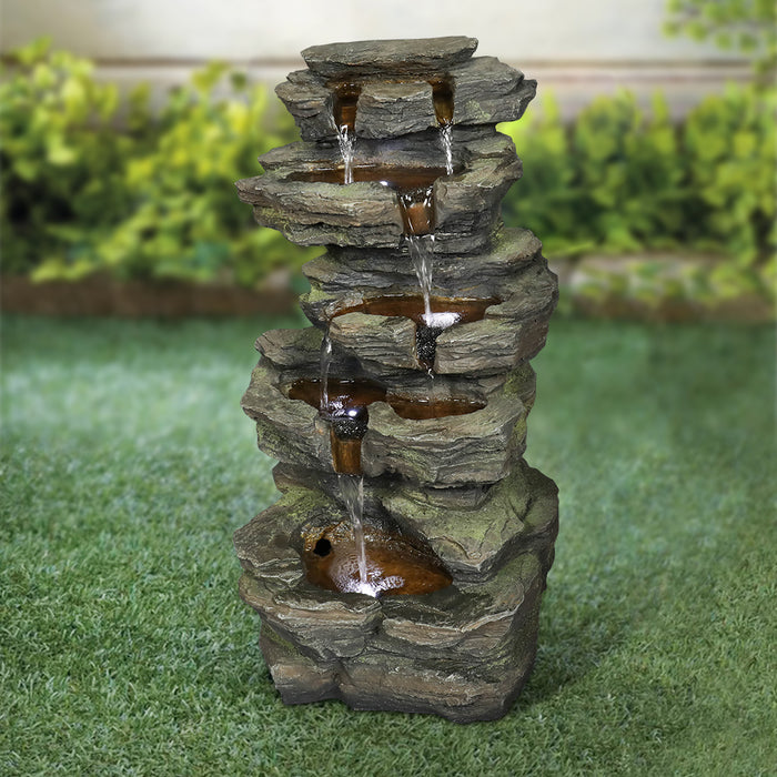 Rock Outdoor Waterfall Fountain with LED Lights for Garden Decor