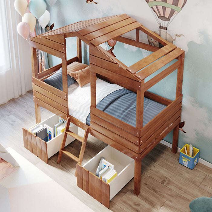 Twin Size Low Loft Wood House Bed with Two Drawers
