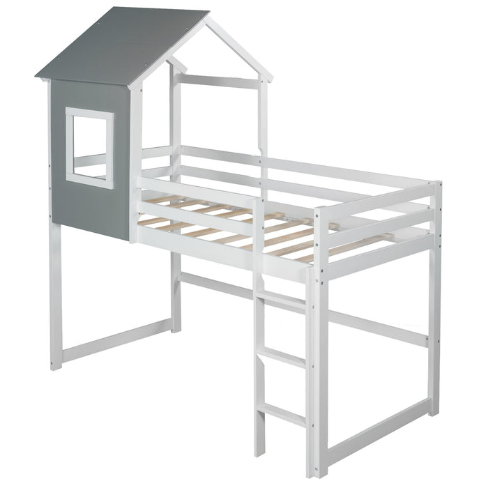 Twin Size Loft Bed with Roof, House Bed, Gray and White