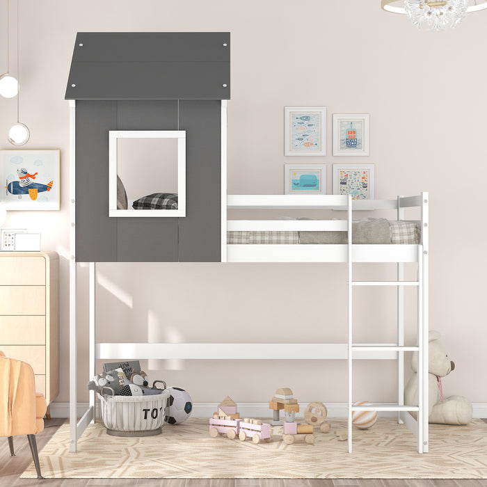 Twin Size Loft Bed with Roof, House Bed, Gray and White