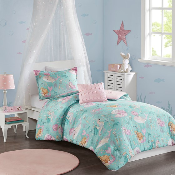 Darya Printed Mermaid Comforter Set (Aqua/Pink)