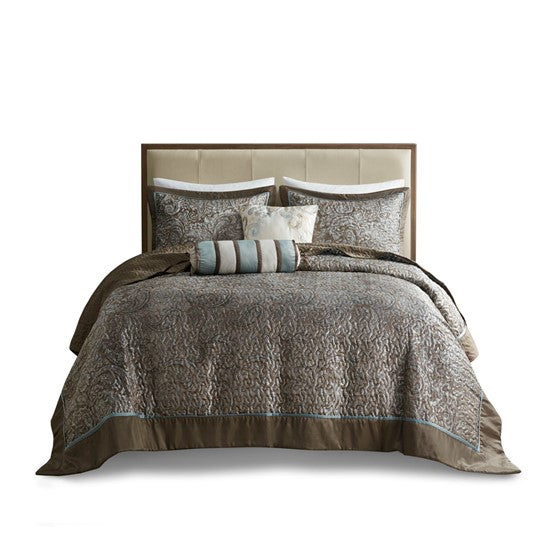 Aubrey 5 Piece Reversible Jacquard Bedspread Set (Blue/Brown)