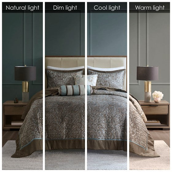 Aubrey 5 Piece Reversible Jacquard Bedspread Set (Blue/Brown)