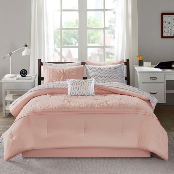 Toren Embroidered Comforter Set with Bed Sheets (Pink)
