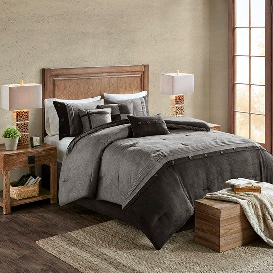 Boone 7 Piece Faux Suede Comforter Set (Grey)