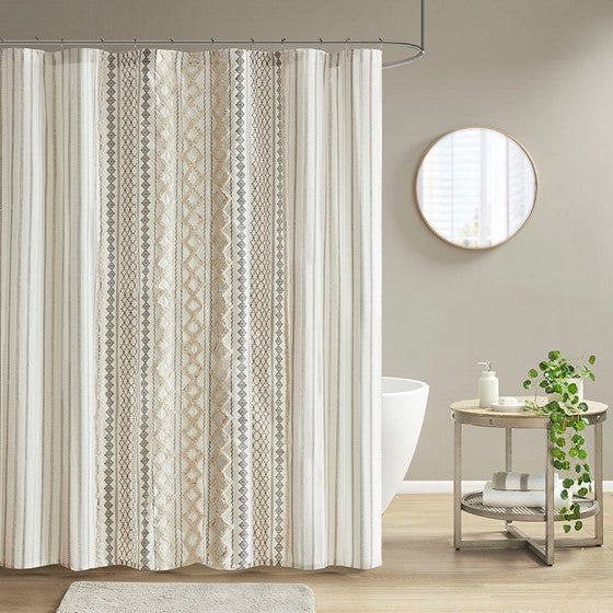 Imani Cotton Printed Shower Curtain with Chenille (Ivory)