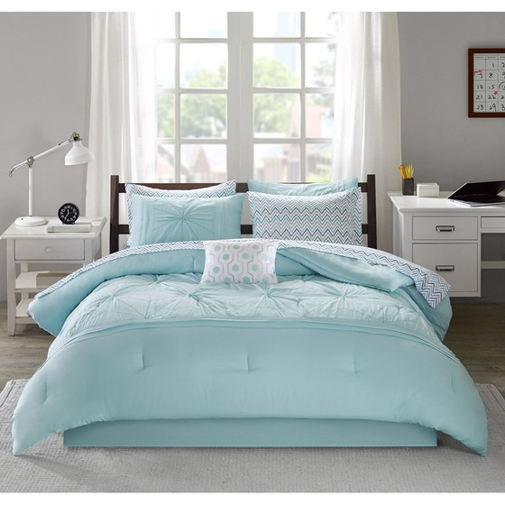 Toren Embroidered Comforter Set with Bed Sheets (Aqua)