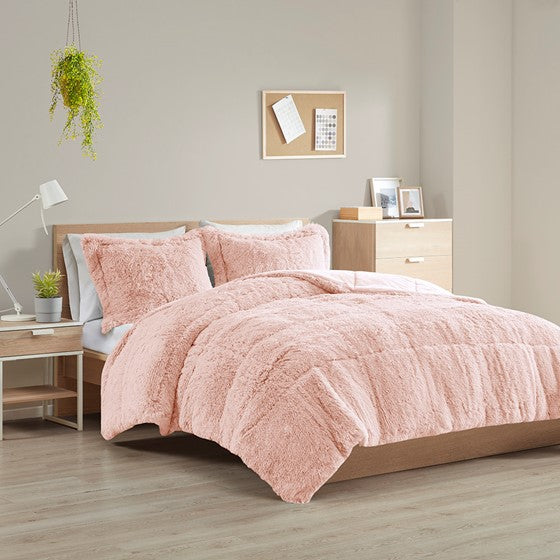 Malea Shaggy Faux Fur Comforter Mini Set (Blush)