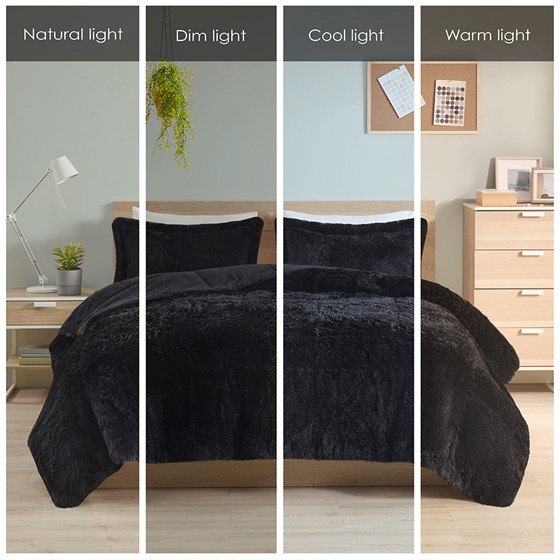 Malea Shaggy Faux Fur Comforter Mini Set (Black)