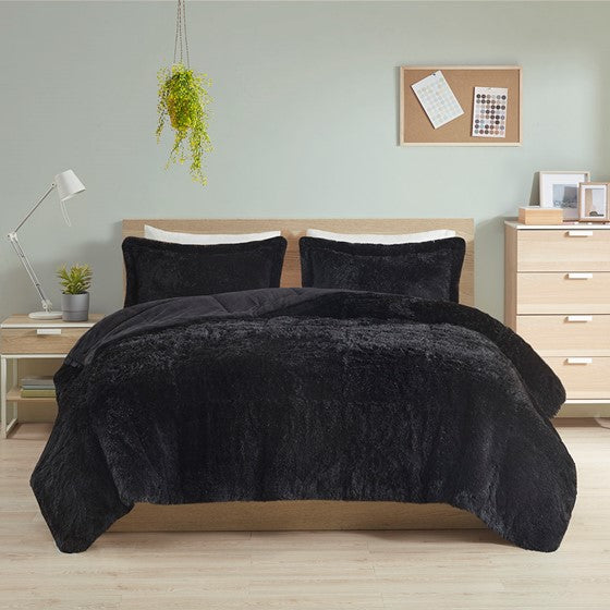 Malea Shaggy Faux Fur Comforter Mini Set (Black)