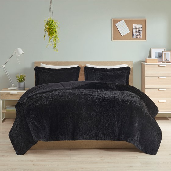Malea Shaggy Faux Fur Comforter Mini Set (Black)