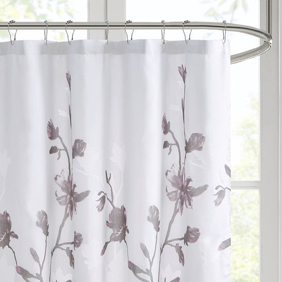 Magnolia Floral Printed Burnout Shower Curtain (Purple)
