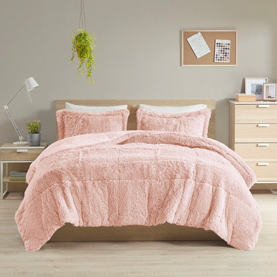 Malea Shaggy Faux Fur Comforter Mini Set (Blush)