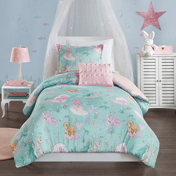 Darya Printed Mermaid Comforter Set (Aqua/Pink)