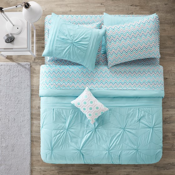 Toren Embroidered Comforter Set with Bed Sheets (Aqua)