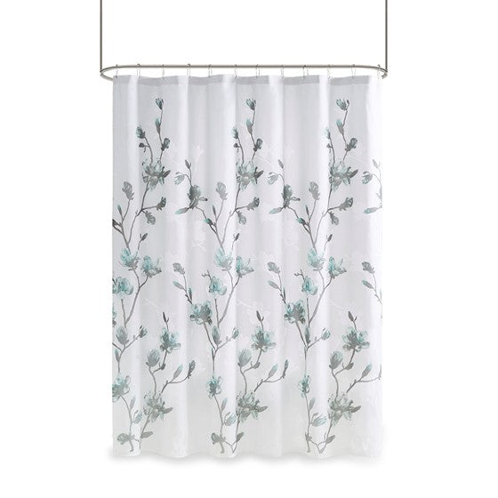Magnolia Floral Printed Burnout Shower Curtain (Aqua)