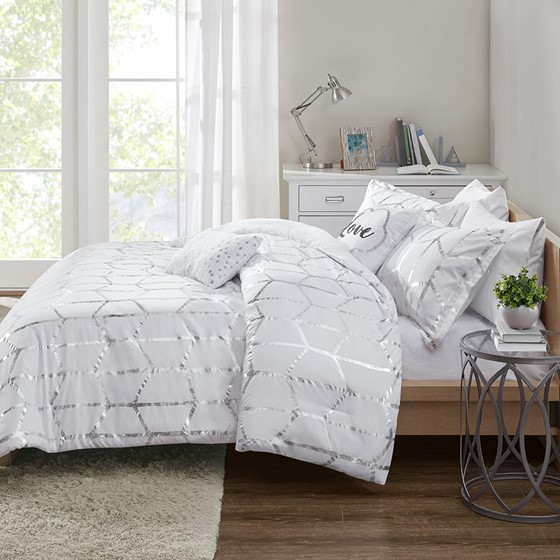 Raina Metallic Printed Comforter Set (White/Silver)
