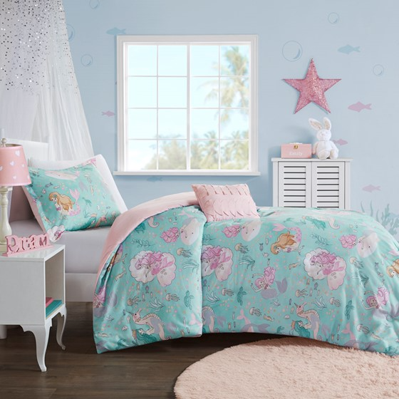 Darya Printed Mermaid Comforter Set (Aqua/Pink)