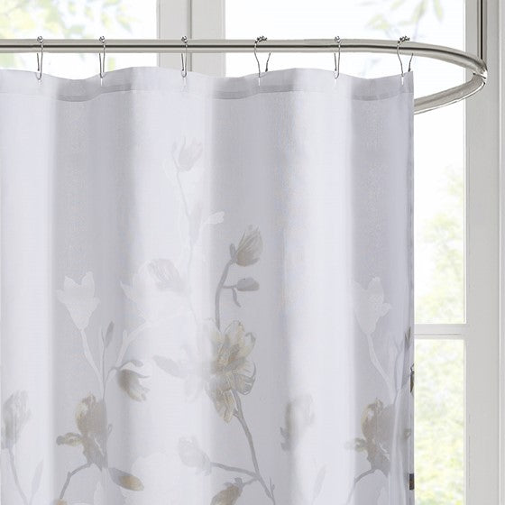 Magnolia Floral Printed Burnout Shower Curtain (Yellow)