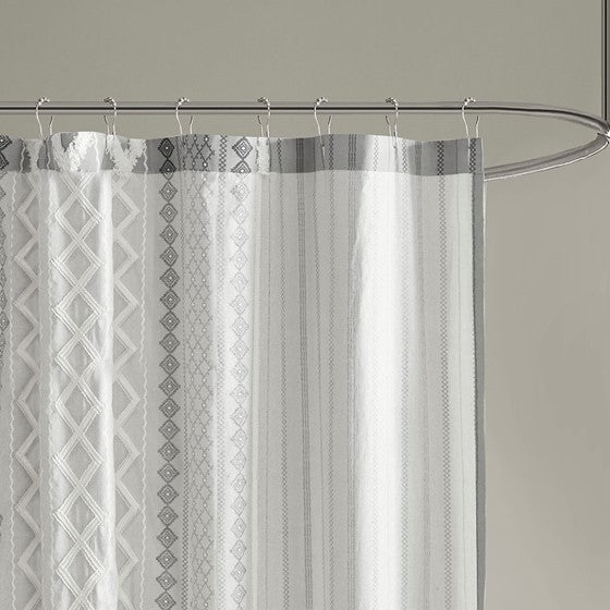 Imani Cotton Printed Shower Curtain with Chenille (Gray)