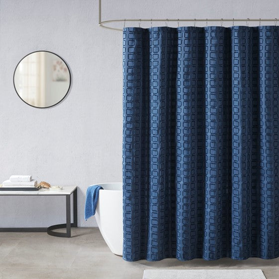 Metro Woven Clipped Solid Shower Curtain (Navy)