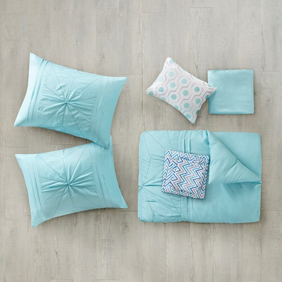 Toren Embroidered Comforter Set with Bed Sheets (Aqua)