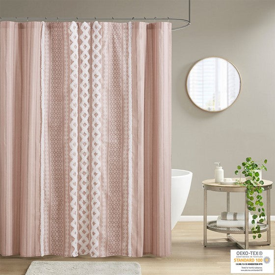 Imani Cotton Printed Shower Curtain with Chenille (Blush)