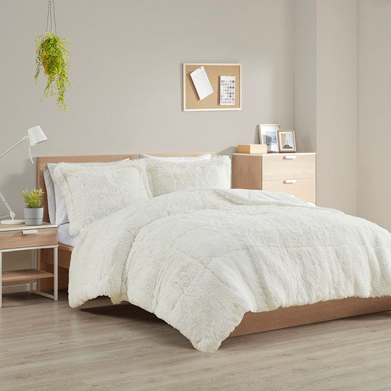 Malea Shaggy Faux Fur Comforter Mini Set (Ivory) (ETA 3/15/23)