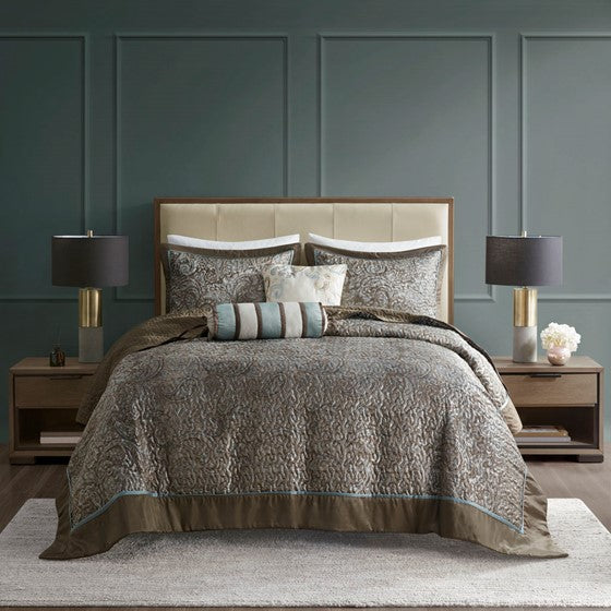 Aubrey 5 Piece Reversible Jacquard Bedspread Set (Blue/Brown)