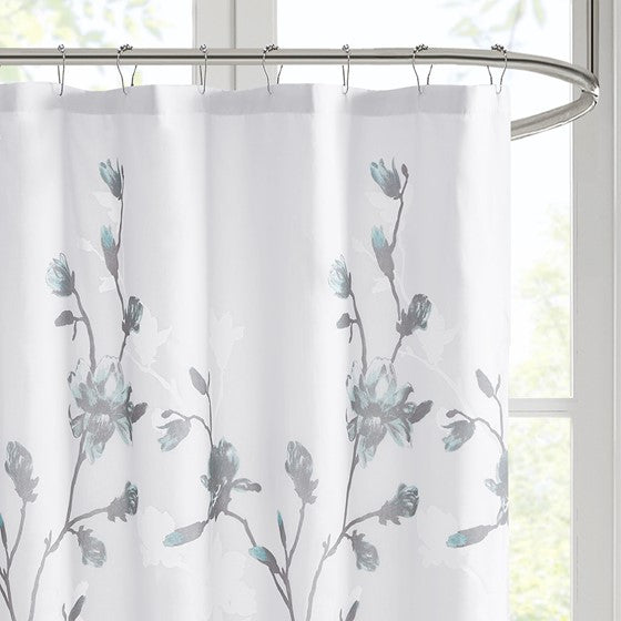 Magnolia Floral Printed Burnout Shower Curtain (Aqua)