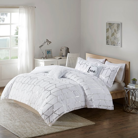 Raina Metallic Printed Comforter Set (White/Silver)