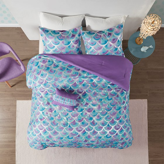 Pearl Metallic Printed Reversible Comforter Set (Teal/Purple)