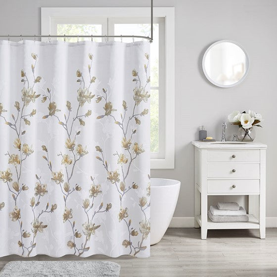 Magnolia Floral Printed Burnout Shower Curtain (Yellow)