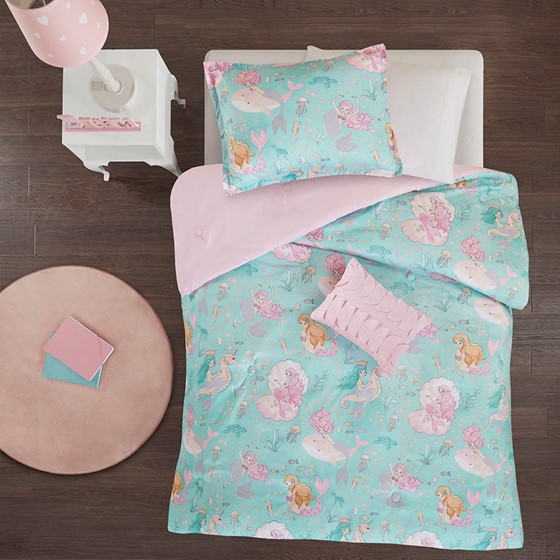 Darya Printed Mermaid Comforter Set (Aqua/Pink)