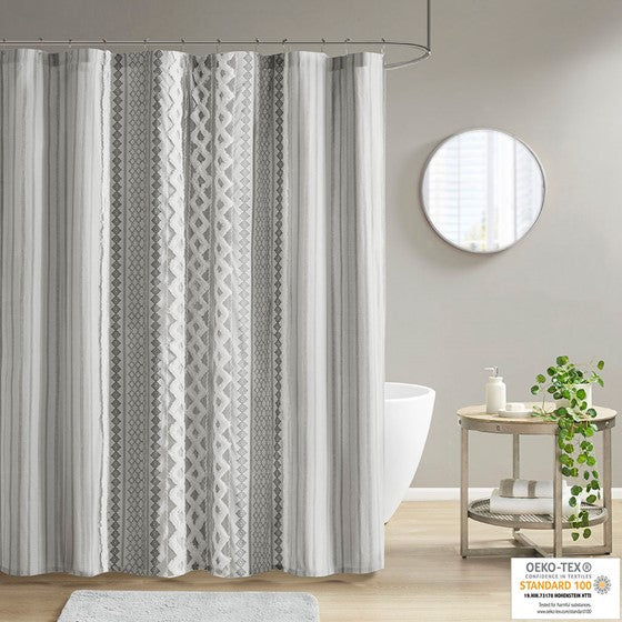 Imani Cotton Printed Shower Curtain with Chenille (Gray)