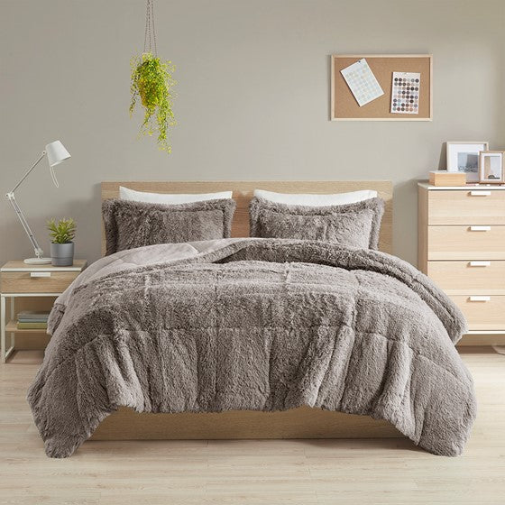 Malea Shaggy Faux Fur Comforter Mini Set (Grey)