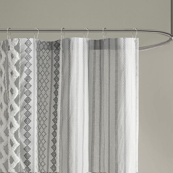 Imani Cotton Printed Shower Curtain with Chenille (Gray)