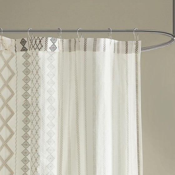 Imani Cotton Printed Shower Curtain with Chenille (Ivory)