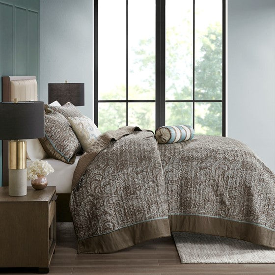 Aubrey 5 Piece Reversible Jacquard Bedspread Set (Blue/Brown)