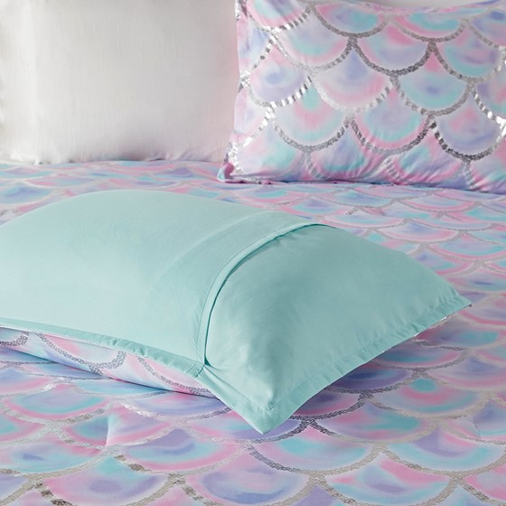 Pearl Metallic Printed Reversible Comforter Set (Aqua/Purple)