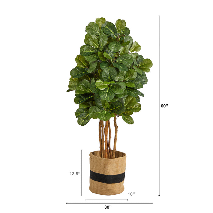 5’ Fiddle Leaf Fig Artificial Tree In Handmade Natural Cotton Planter