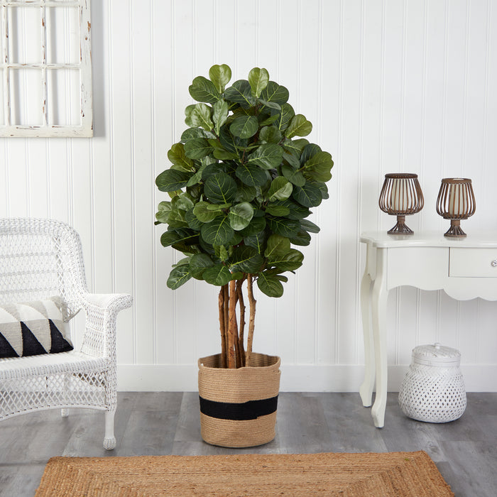 5’ Fiddle Leaf Fig Artificial Tree In Handmade Natural Cotton Planter